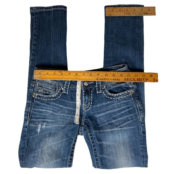 Miss Me 'Skinny' Womens Jeans Tag 25 Blue W26xL32 Distressed Embroidered Denim - Picture 8 of 12
